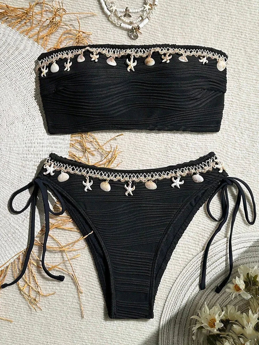 XS - XL Bandeau Wrinkled High Cut Bikini Women Swimwear Female Swimsuit Two-pieces Bikini Set Shell Bather Bathing Suit Swim