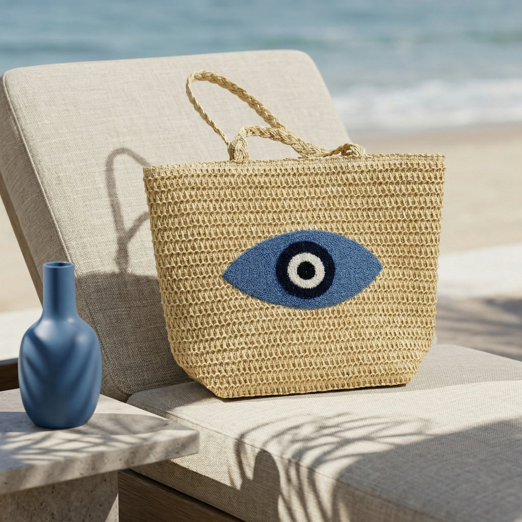 Large Capacity Handmade Straw Tote Bag Woman Bohemian Embroidery Eye Shoulder Bags Handwoven Summer Handbag for Beach Vacation