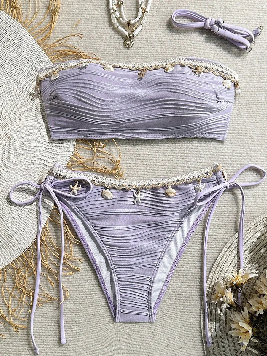 XS - XL Bandeau Wrinkled High Cut Bikini Women Swimwear Female Swimsuit Two-pieces Bikini Set Shell Bather Bathing Suit Swim