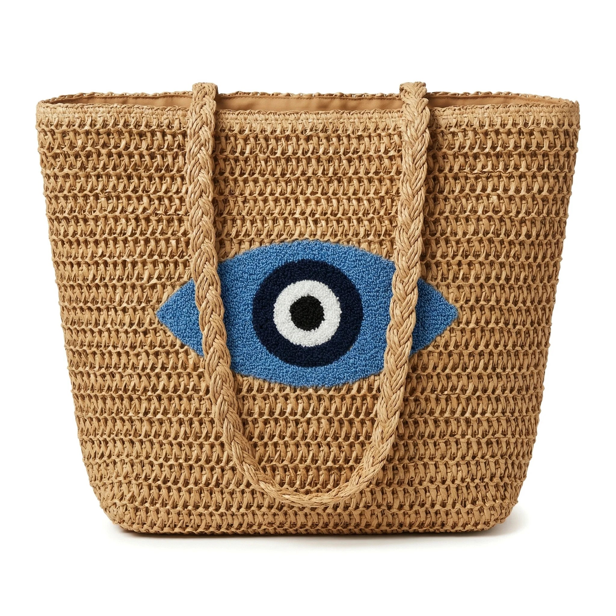 Large Capacity Handmade Straw Tote Bag Woman Bohemian Embroidery Eye Shoulder Bags Handwoven Summer Handbag for Beach Vacation