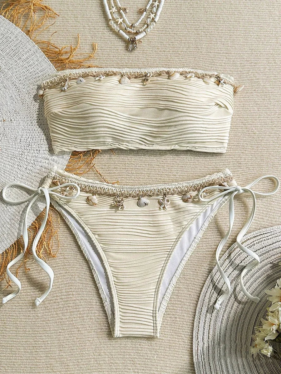 XS - XL Bandeau Wrinkled High Cut Bikini Women Swimwear Female Swimsuit Two-pieces Bikini Set Shell Bather Bathing Suit Swim