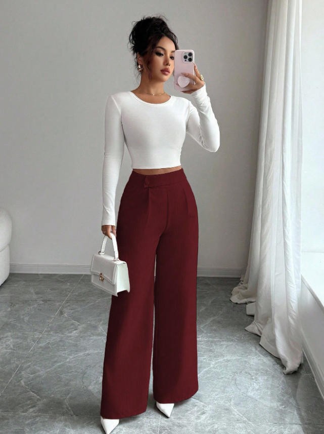 Womens Solid-color Casual All-match Long Pants With A Waist Panel Seam