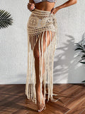 Crochet Tassel Bikini Cover Up Dress Beach Wear Women Tie Up Bather Bathing Suit Tassel Long Skirt Swimsuit Cover Up Beach Dress