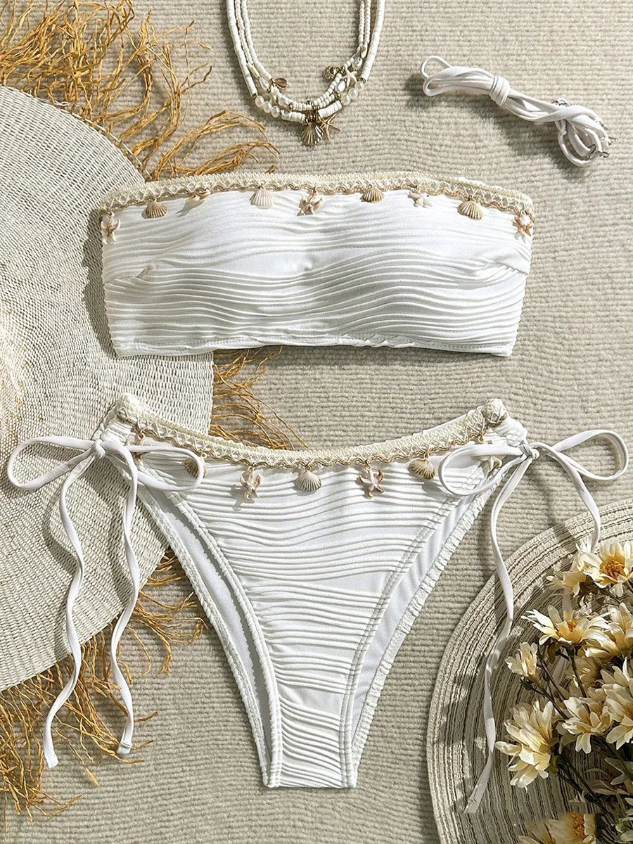 XS - XL Bandeau Wrinkled High Cut Bikini Women Swimwear Female Swimsuit Two-pieces Bikini Set Shell Bather Bathing Suit Swim