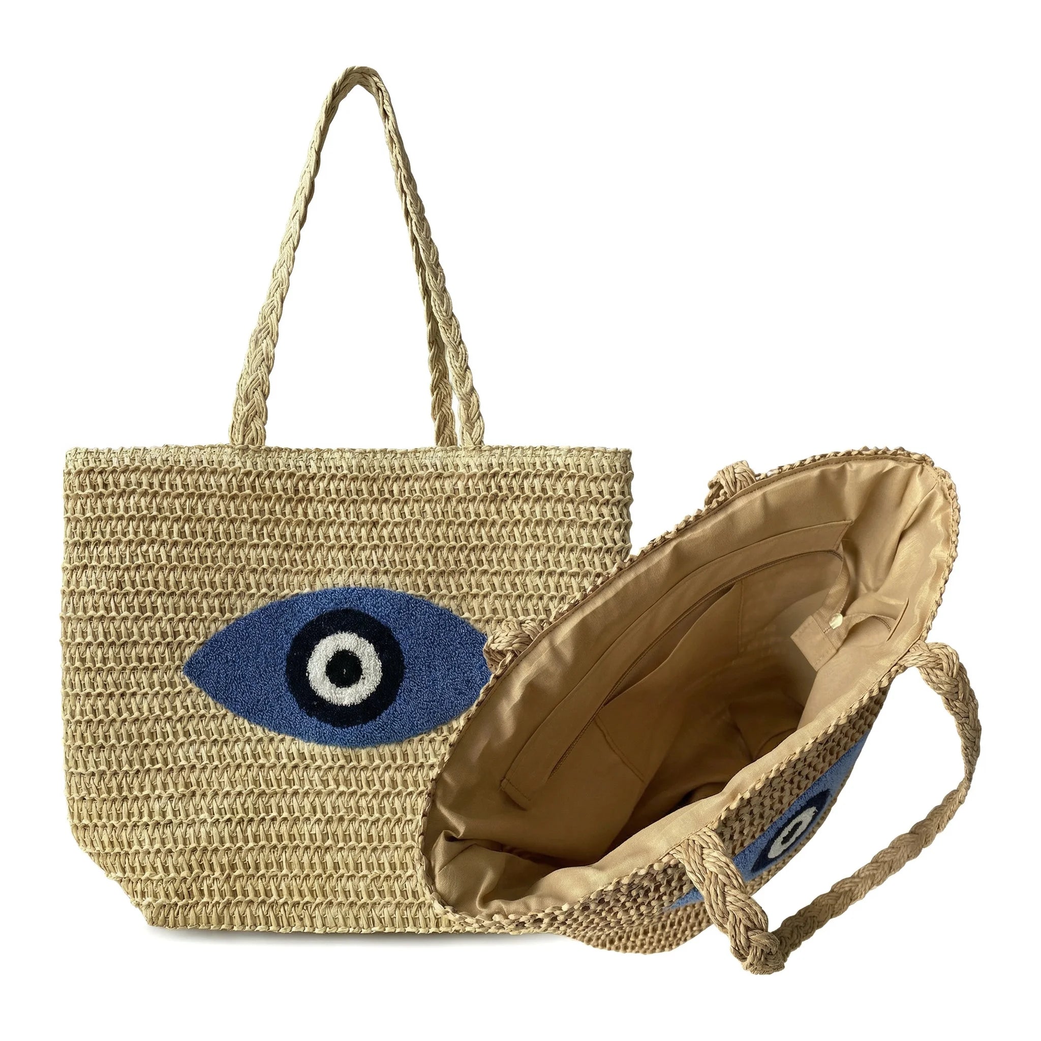 Large Capacity Handmade Straw Tote Bag Woman Bohemian Embroidery Eye Shoulder Bags Handwoven Summer Handbag for Beach Vacation