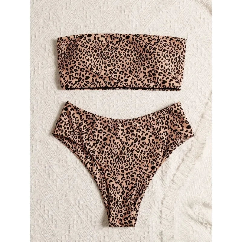 2026 new summer beach leopard print tube top high waist bikini suit suitable for beach swimmingovs
