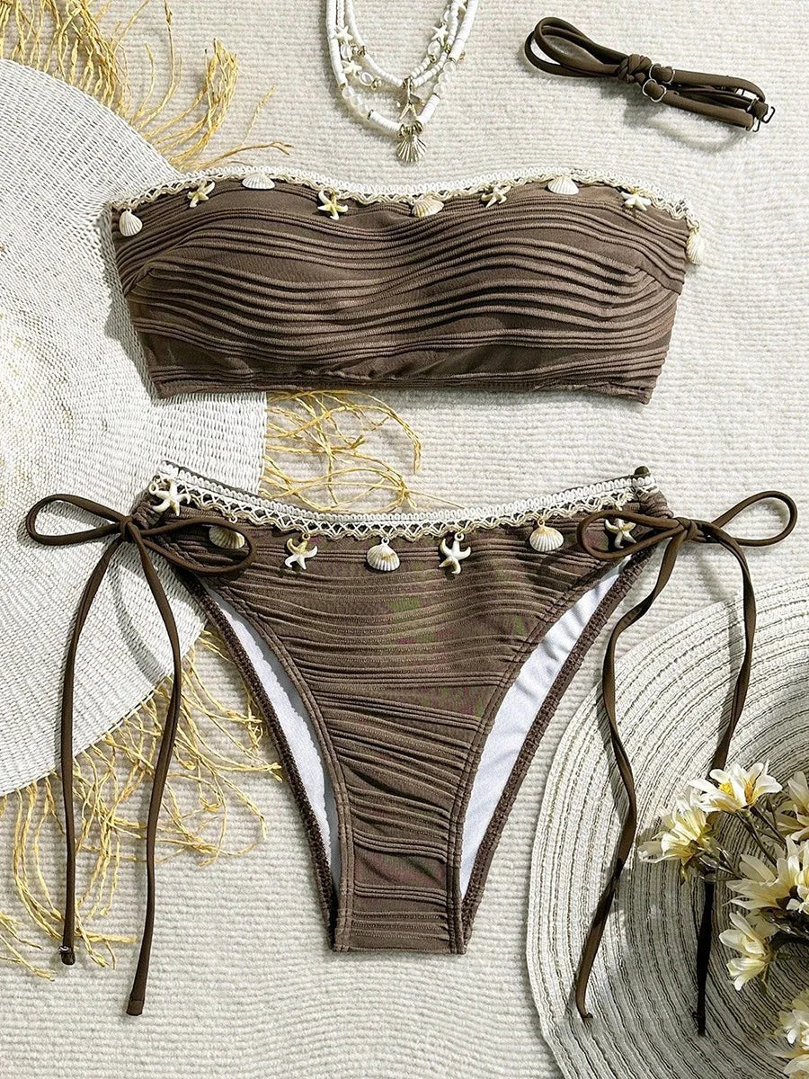 XS - XL Bandeau Wrinkled High Cut Bikini Women Swimwear Female Swimsuit Two-pieces Bikini Set Shell Bather Bathing Suit Swim
