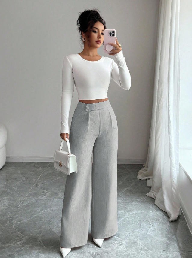 Womens Solid-color Casual All-match Long Pants With A Waist Panel Seam