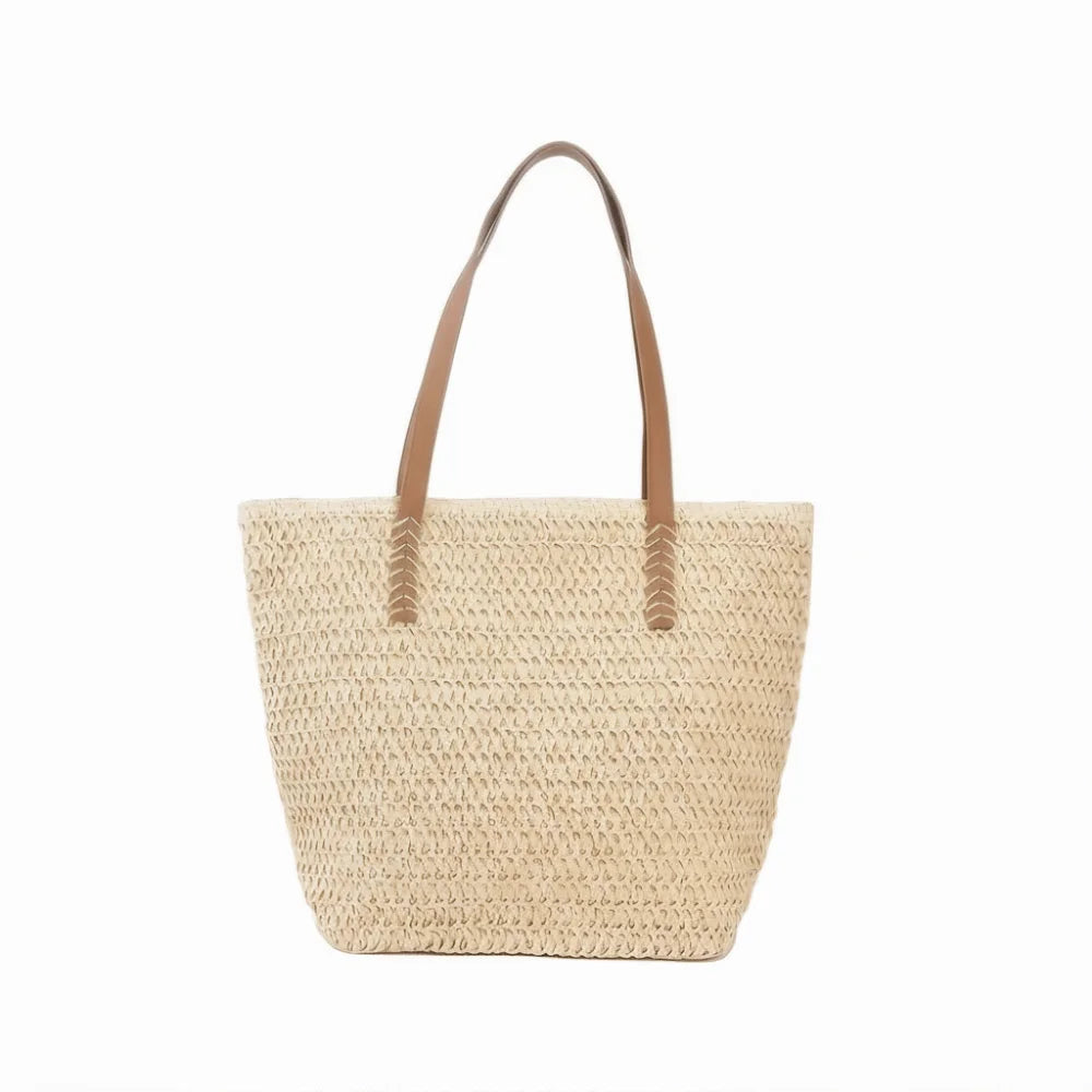 Casual Solid Color Weave Straw Tote Bag Square Zipper Beach Handbag Bohemian Style Large Capacity Raffia Shoulder Bag Summer