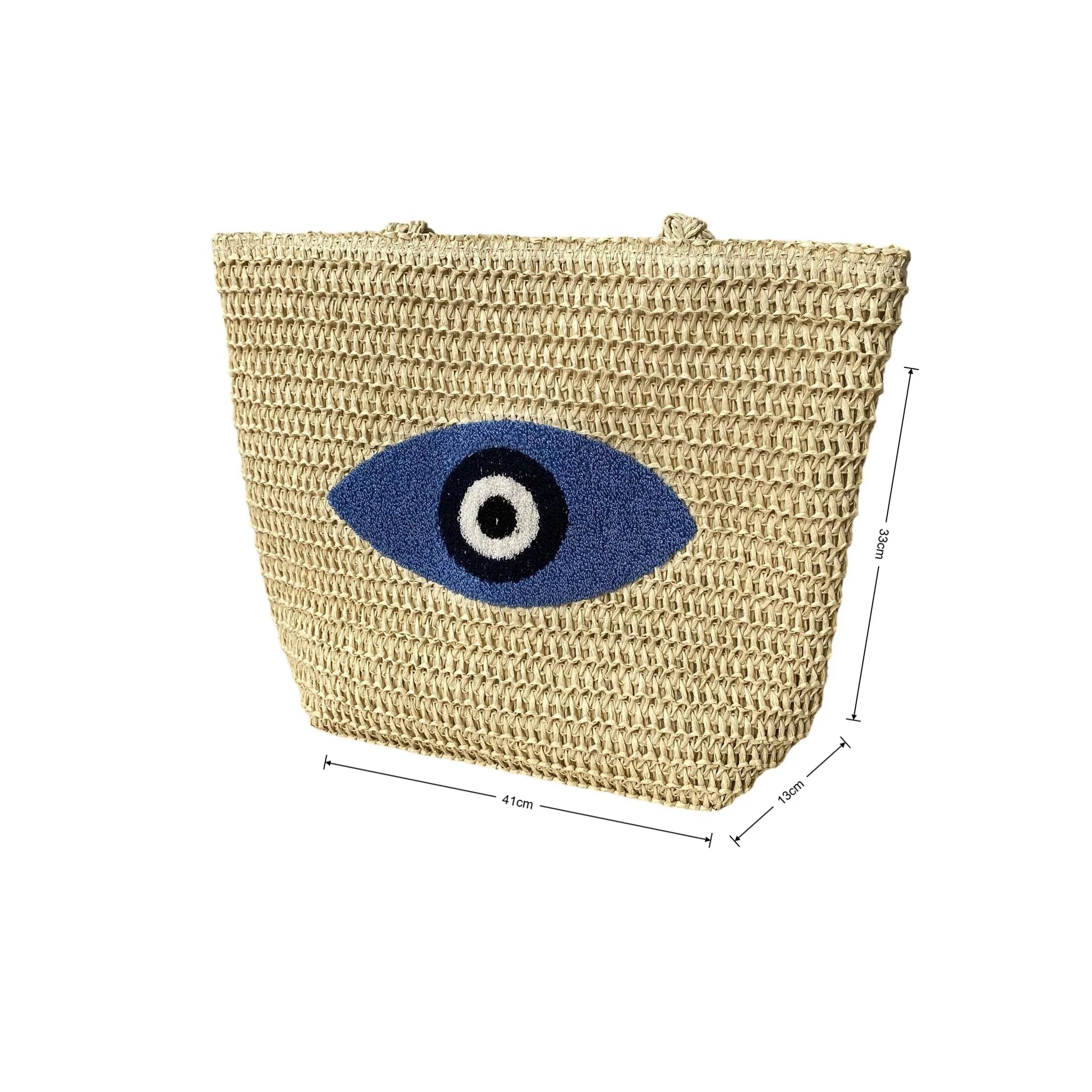 Large Capacity Handmade Straw Tote Bag Woman Bohemian Embroidery Eye Shoulder Bags Handwoven Summer Handbag for Beach Vacation