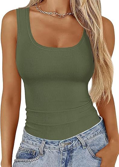 Elastic Slim-fit Tank top Women's Square-neck Sleeveless Top Summer Clothing