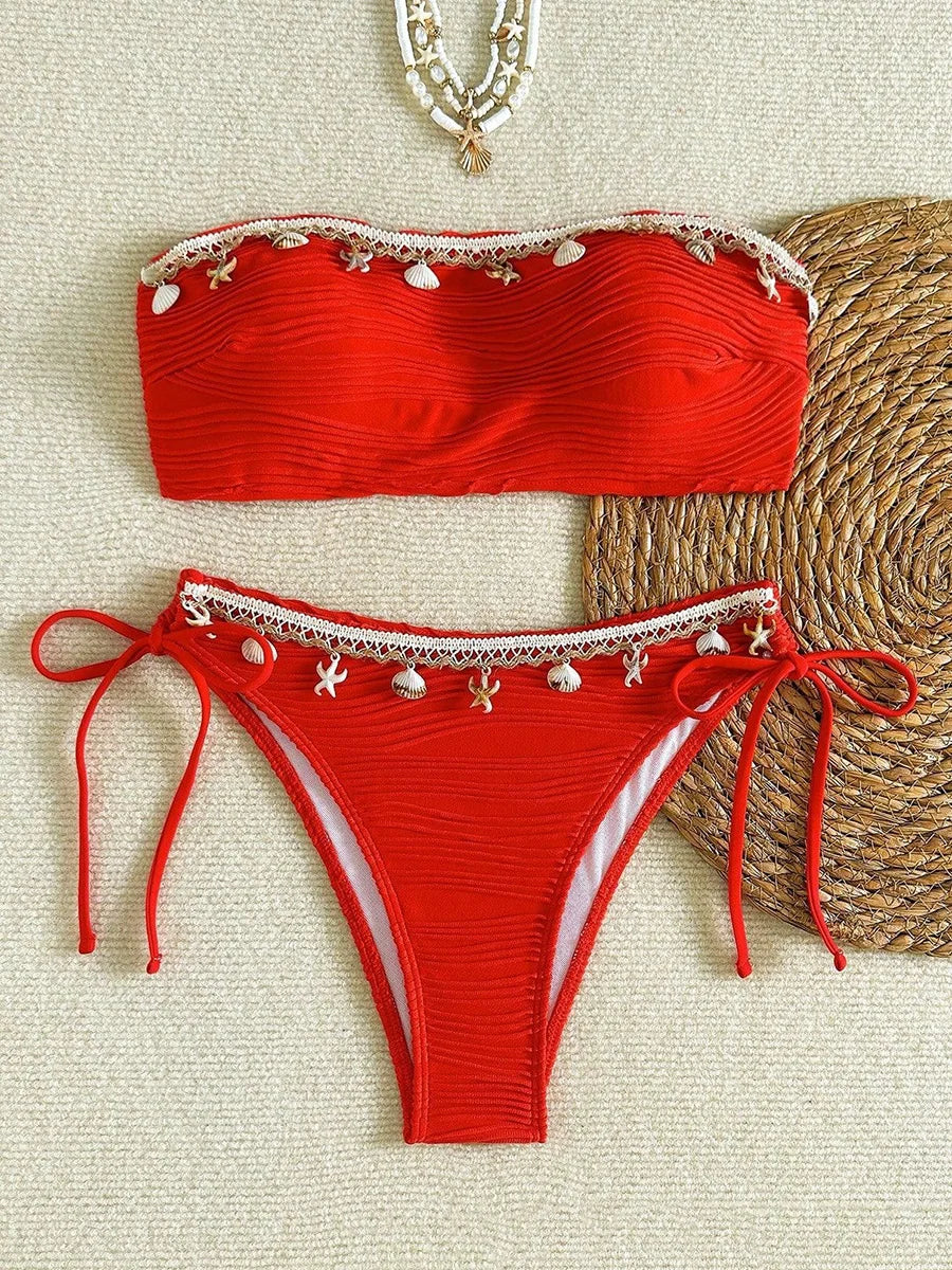 XS - XL Bandeau Wrinkled High Cut Bikini Women Swimwear Female Swimsuit Two-pieces Bikini Set Shell Bather Bathing Suit Swim