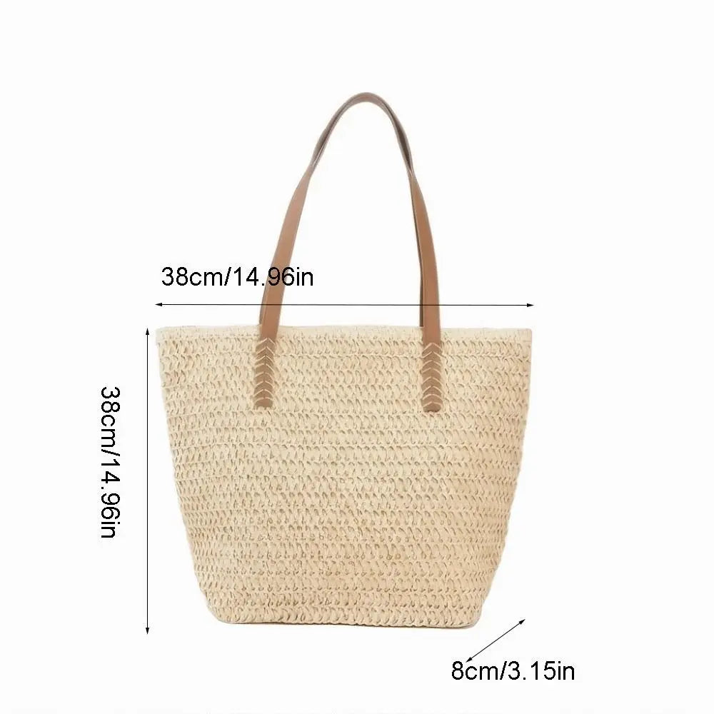 Casual Solid Color Weave Straw Tote Bag Square Zipper Beach Handbag Bohemian Style Large Capacity Raffia Shoulder Bag Summer
