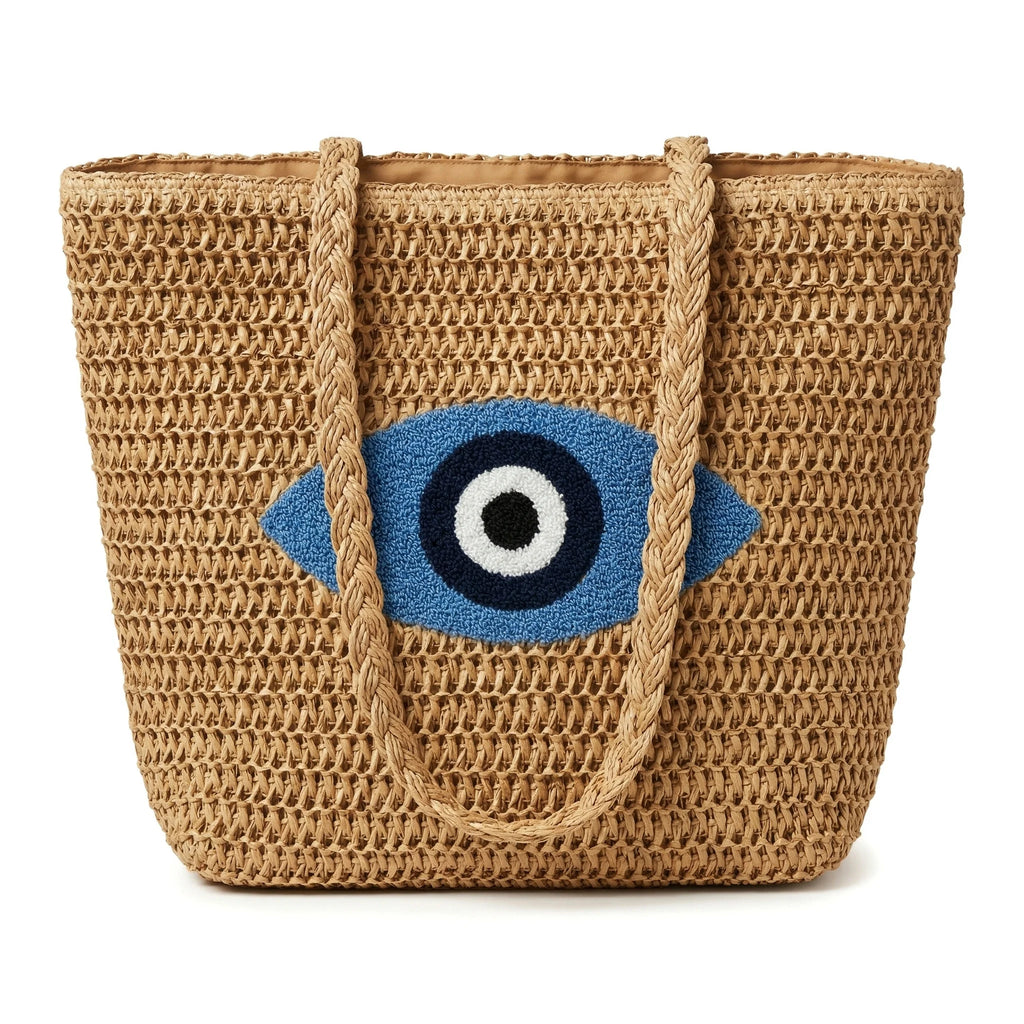 Large Capacity Handmade Straw Tote Bag Woman Bohemian Embroidery Eye Shoulder Bags Handwoven Summer Handbag for Beach Vacation