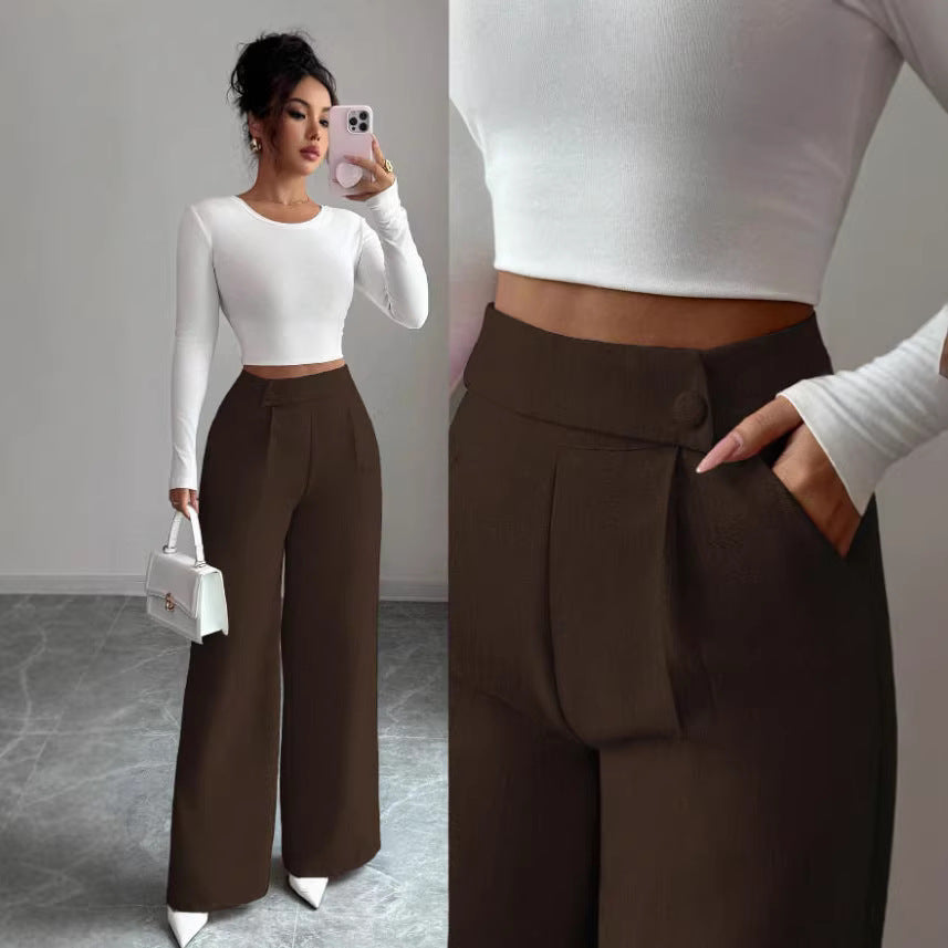 Womens Solid-color Casual All-match Long Pants With A Waist Panel Seam