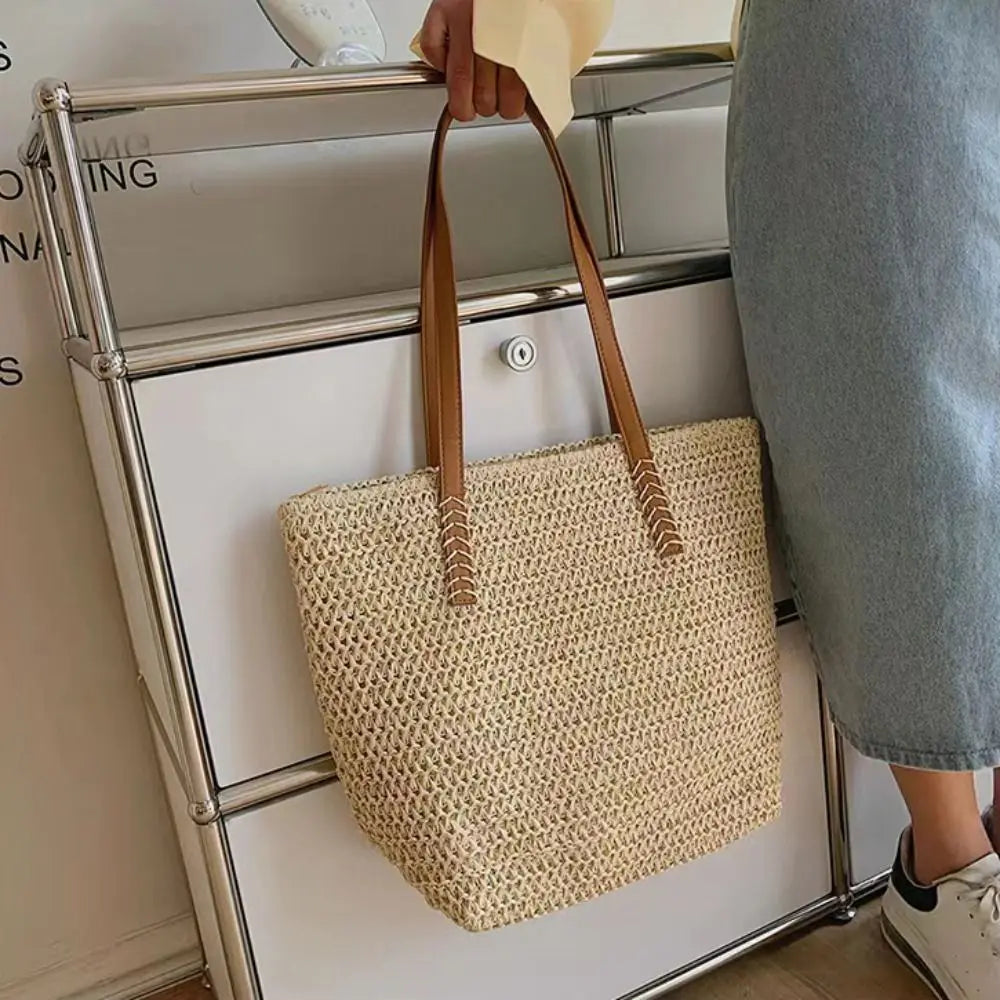 Casual Solid Color Weave Straw Tote Bag Square Zipper Beach Handbag Bohemian Style Large Capacity Raffia Shoulder Bag Summer