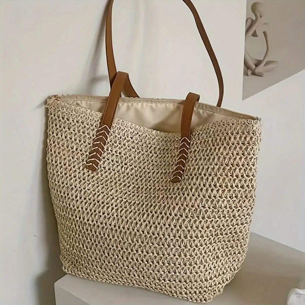 Casual Solid Color Weave Straw Tote Bag Square Zipper Beach Handbag Bohemian Style Large Capacity Raffia Shoulder Bag Summer
