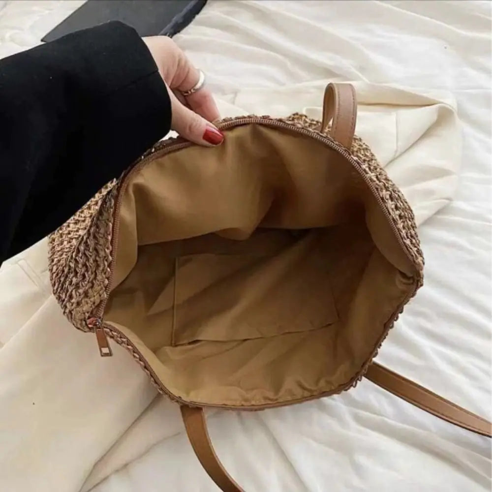 Casual Solid Color Weave Straw Tote Bag Square Zipper Beach Handbag Bohemian Style Large Capacity Raffia Shoulder Bag Summer