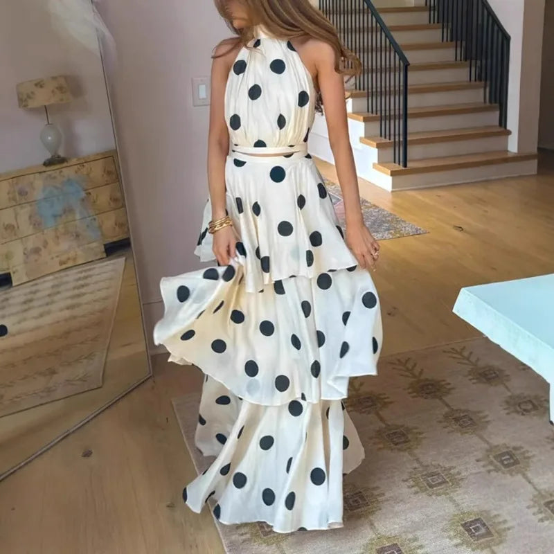 Tuularose Women Long Dress 2 Piece Elegant Polka Dot Sleeveless Top Ruffle Pleated Dress Set Luxury Party Sexy Female Dress Set