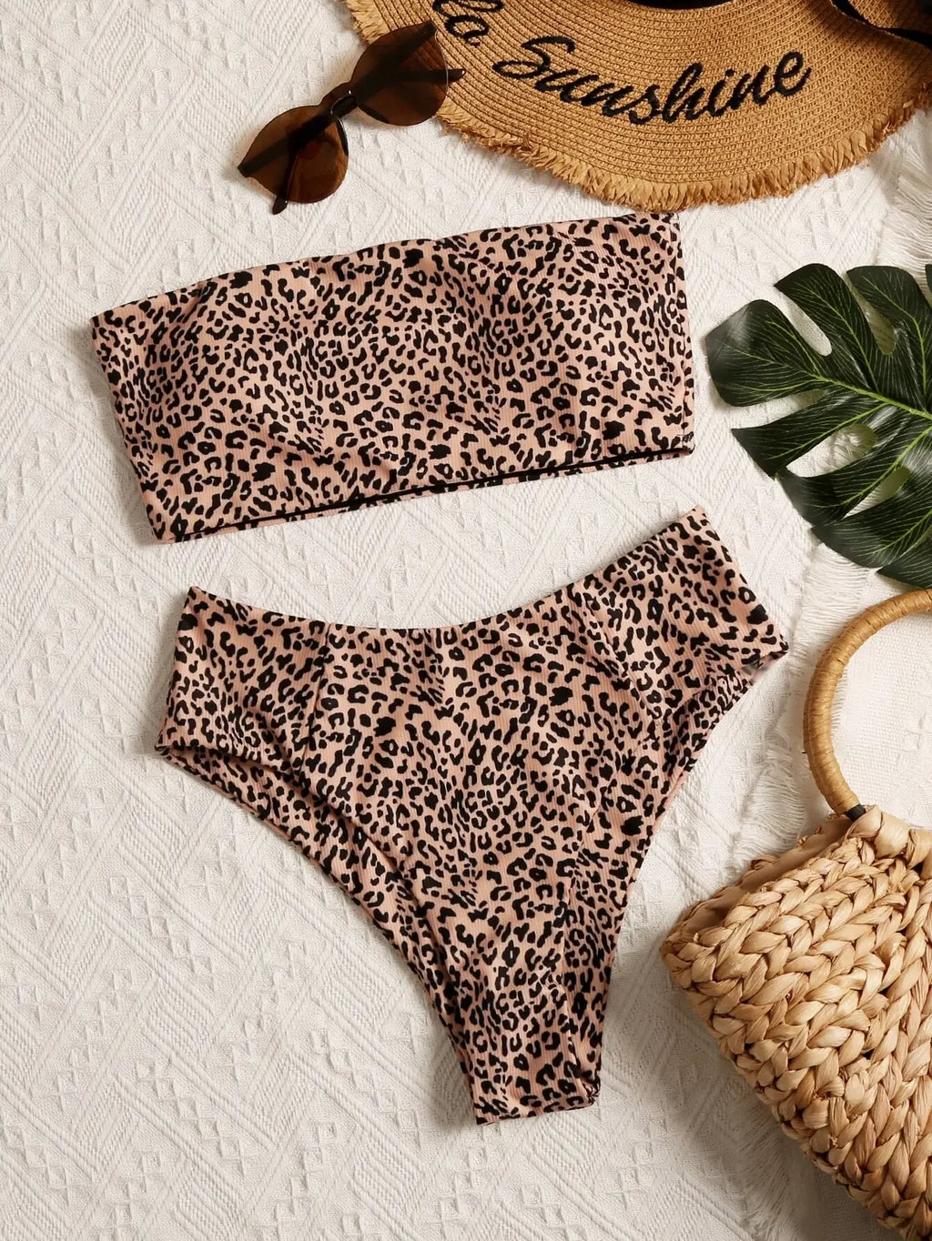 2026 new summer beach leopard print tube top high waist bikini suit suitable for beach swimmingovs