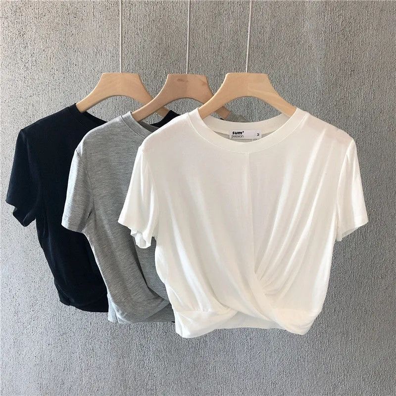 Knotted Cropped Loose-fitting Sporty Casual T-shirt