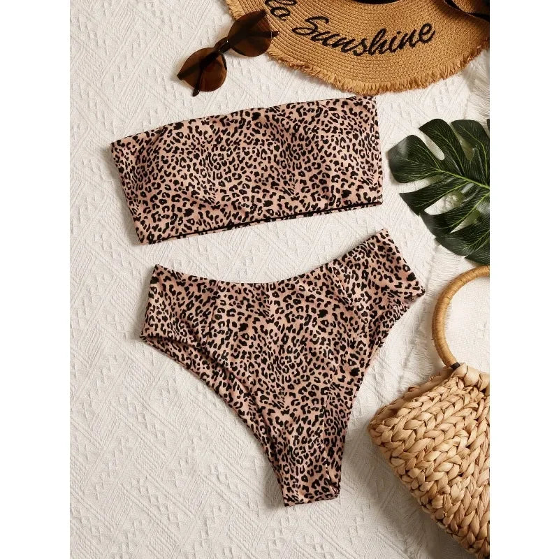 2026 new summer beach leopard print tube top high waist bikini suit suitable for beach swimmingovs
