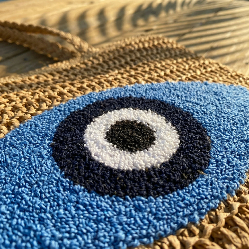 Large Capacity Handmade Straw Tote Bag Woman Bohemian Embroidery Eye Shoulder Bags Handwoven Summer Handbag for Beach Vacation