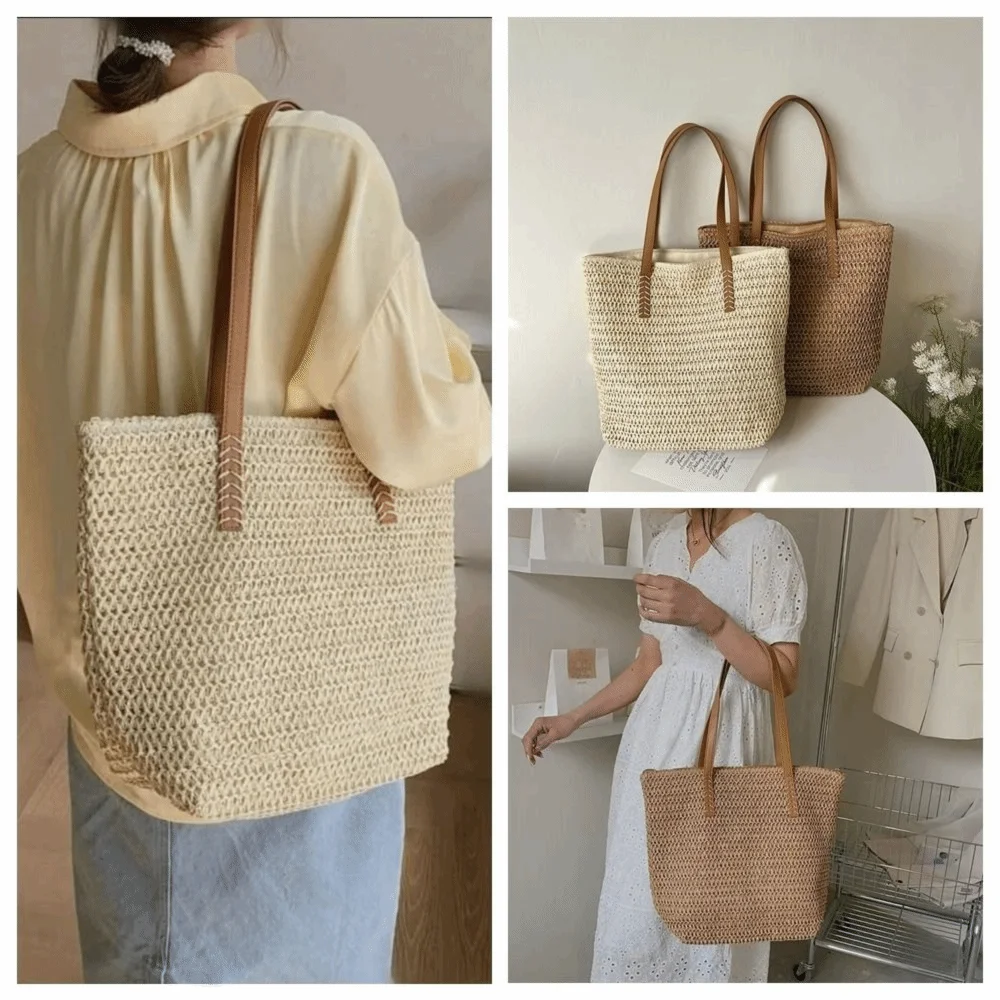 Casual Solid Color Weave Straw Tote Bag Square Zipper Beach Handbag Bohemian Style Large Capacity Raffia Shoulder Bag Summer