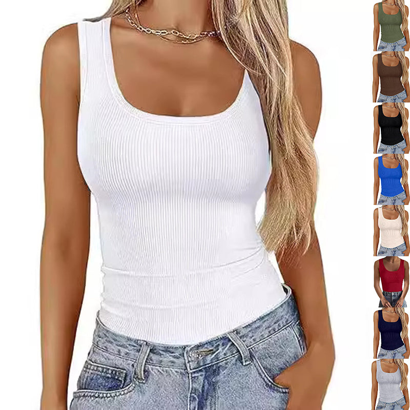 Elastic Slim-fit Tank top Women's Square-neck Sleeveless Top Summer Clothing