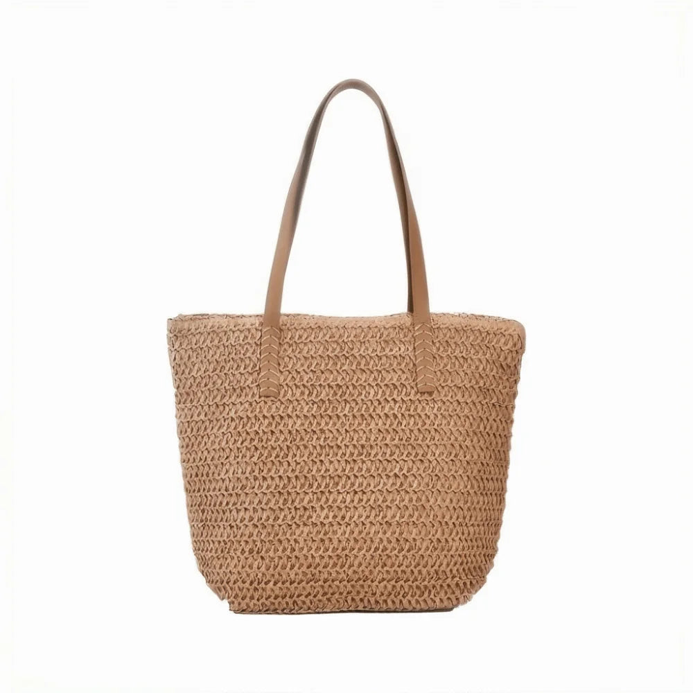 Casual Solid Color Weave Straw Tote Bag Square Zipper Beach Handbag Bohemian Style Large Capacity Raffia Shoulder Bag Summer