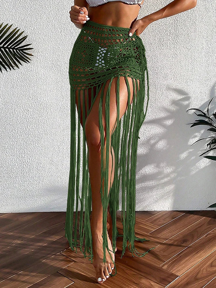 Crochet Tassel Bikini Cover Up Dress Beach Wear Women Tie Up Bather Bathing Suit Tassel Long Skirt Swimsuit Cover Up Beach Dress